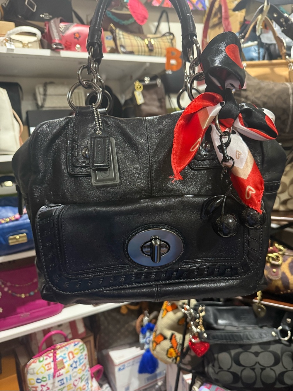 Coach Rare Black Leather Satchel with Kisslock in the from packet